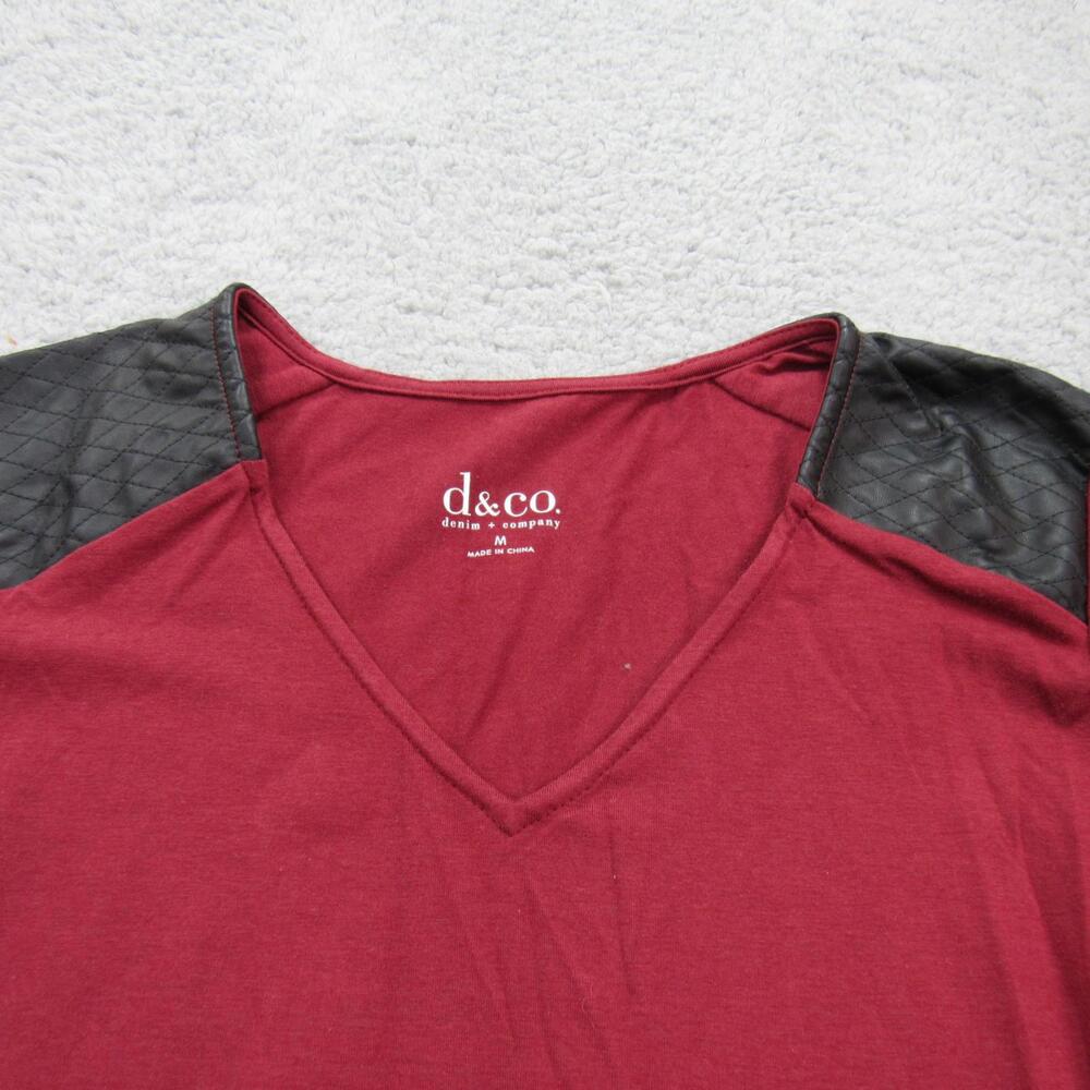 Denim & Co‎ Shirt Womens Medium Red Black Faux Leather Shoulder Long Sleeve Top - Picture 2 of 9